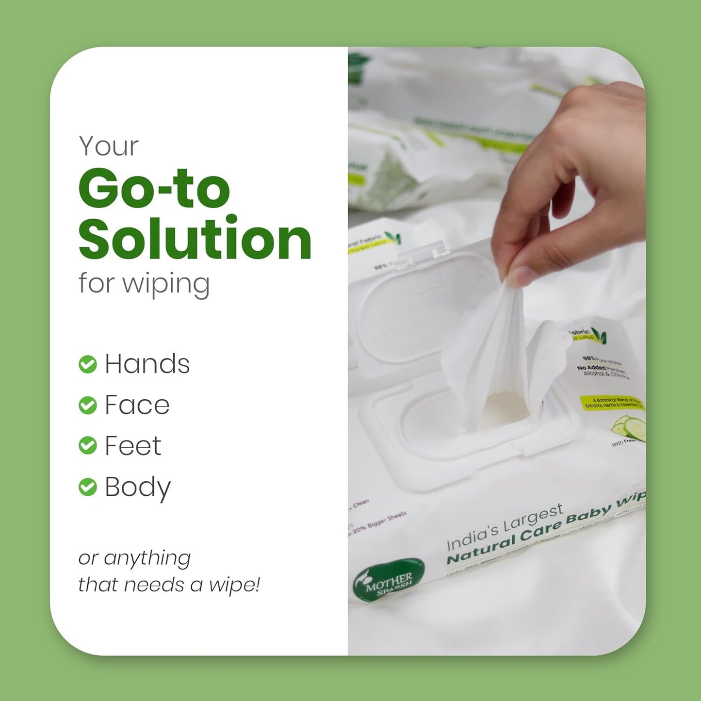 Mother Sparsh Natural Care Baby Wipes I 100% Plant Made Fabric From Forest Land, Fresh + Cleanse (with Cucumber) Plant Powered Wet Wipes For Baby I Cotton Cloth Like Bigger Sheets | 60 Pcs