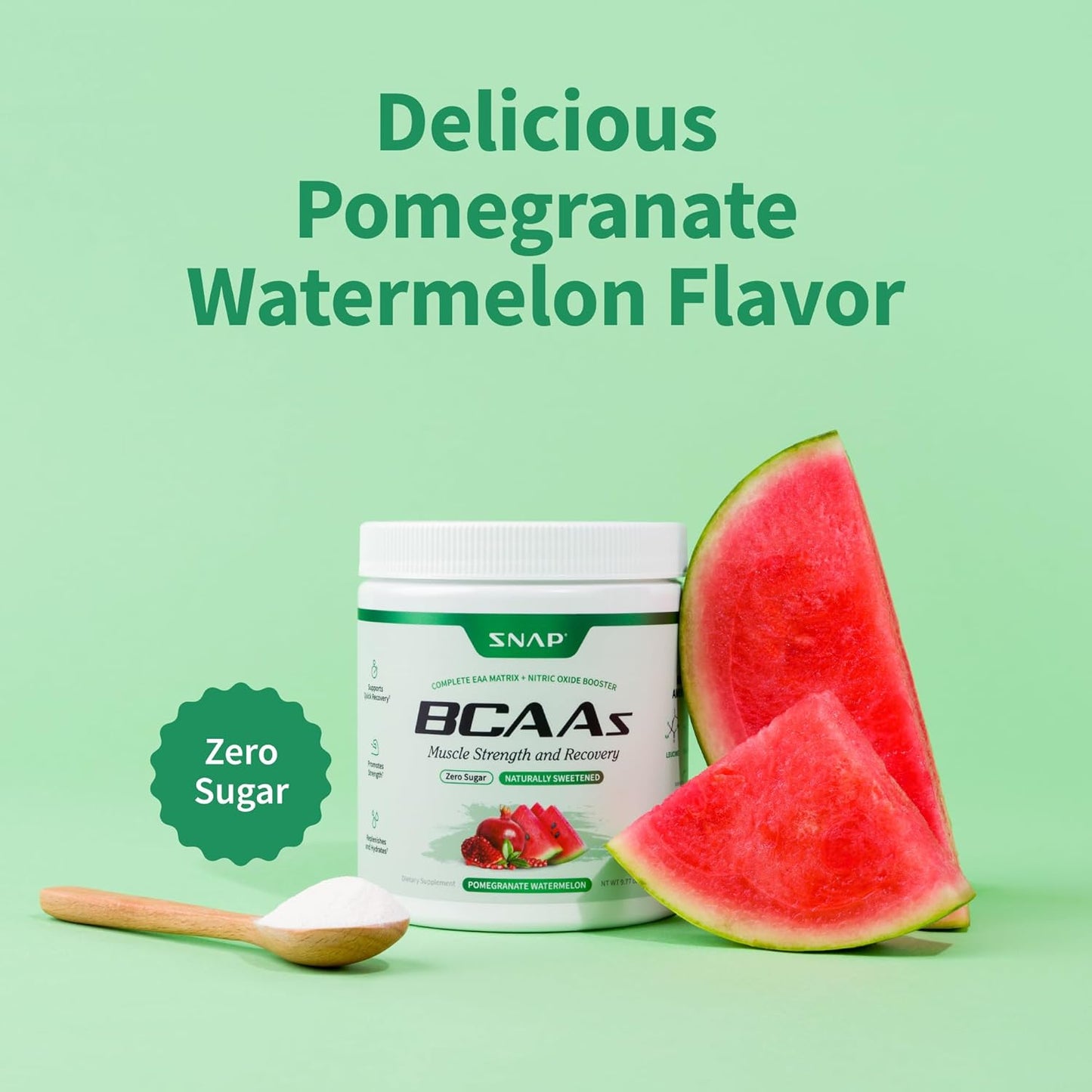 Snap Supplements BCAA Powder - 5g Vegan Branched Chain Amino Acids (2:1:1 Leucine Isoleucine Valine) + Essential Amino Acids with Nitric Oxide Booster, 30 Servings, Pomegranate Watermelon