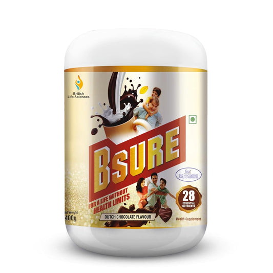 Bsure - For a Life Without Health Limits | Complete Balanced Nutritional Supplement for All Ages | Immunity Booster with 3 Vital Antioxidants & 28 Nutrients | Gluten-Free | Dutch Chocolate Flavour | 400g