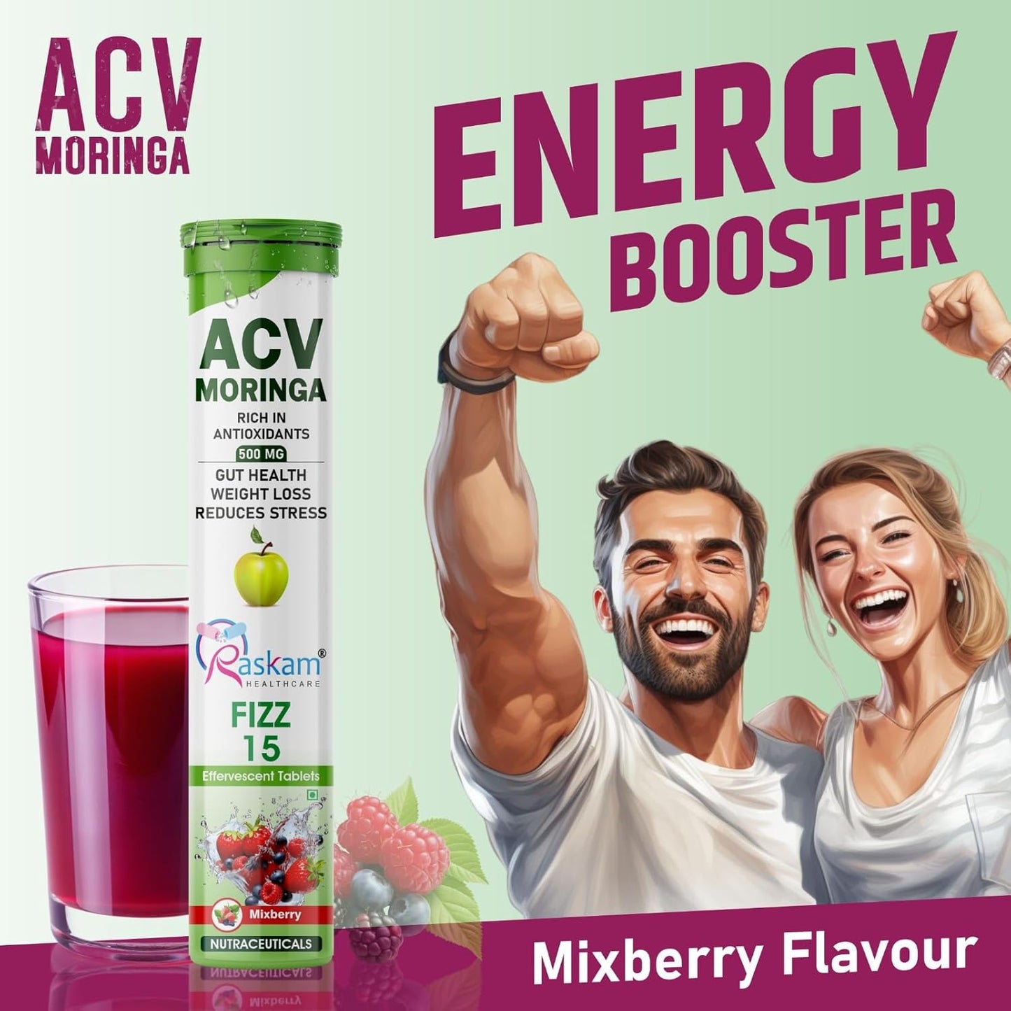 ACV Moringa Effervescent Tablets | Fizz 15 Tablets in Mixberry Flavor, 500mg| Natural Energy & Immunity Booster with Antioxidants to Control Cravings (Pack of 1)