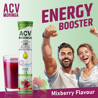 ACV Moringa Effervescent Tablets | Fizz 15 Tablets in Mixberry Flavor, 500mg| Natural Energy & Immunity Booster with Antioxidants to Control Cravings (Pack of 1)