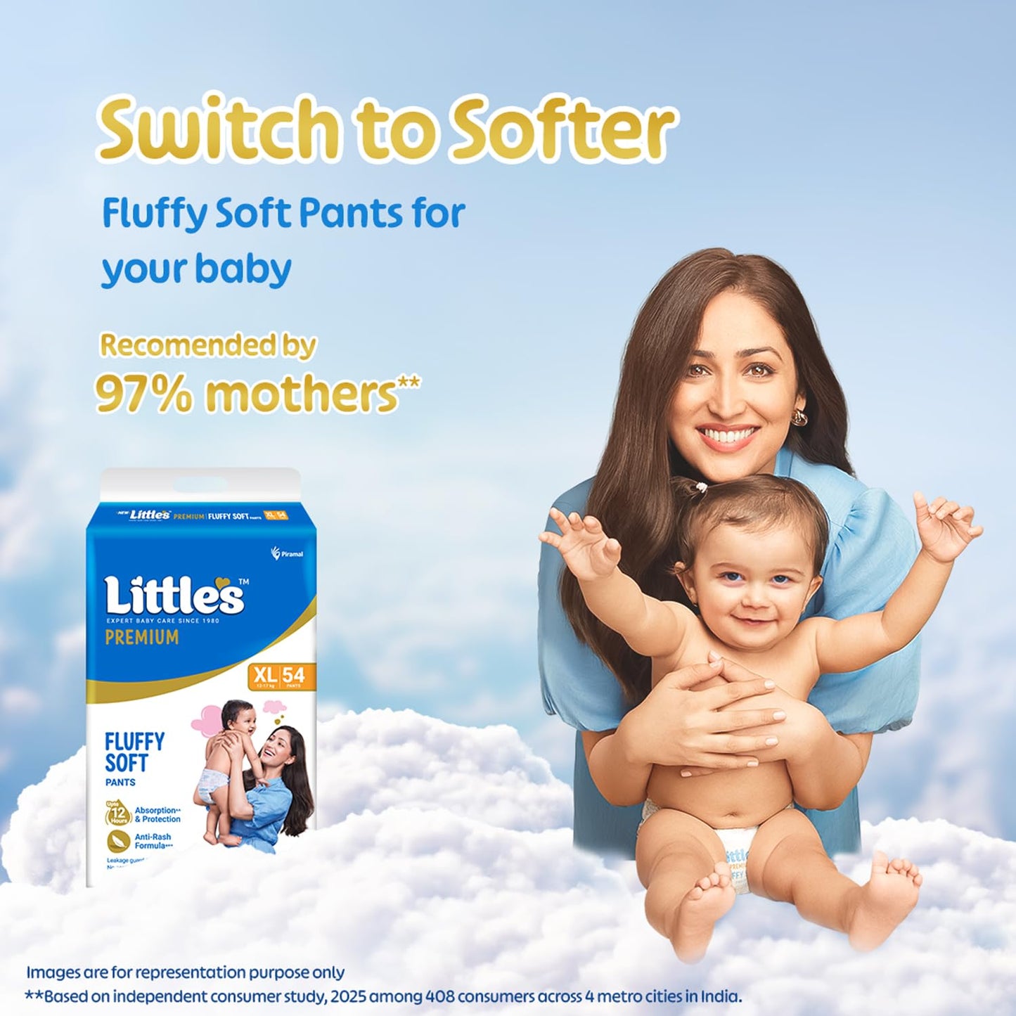 Little's Premium Baby Diapers XL Size (Extra Large) Pants Style | 12-17 kg | 54 Count | Super Jumbo FluffySoft Baby Diaper with Leakage Guard, Wetness Indicator & 12 Hours Absorption