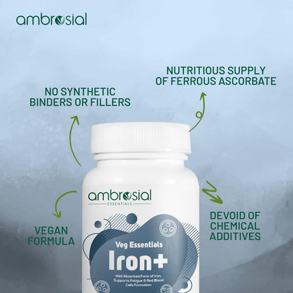 Ambrosial Iron Tablets High Strength 25mg| Iron Supplement for Women & Men| Blood Support & Helps Reduce Tiredness & Fatigue | Enhanced Absorption & Non - Constipating (Pack of 1-60 Capsules)