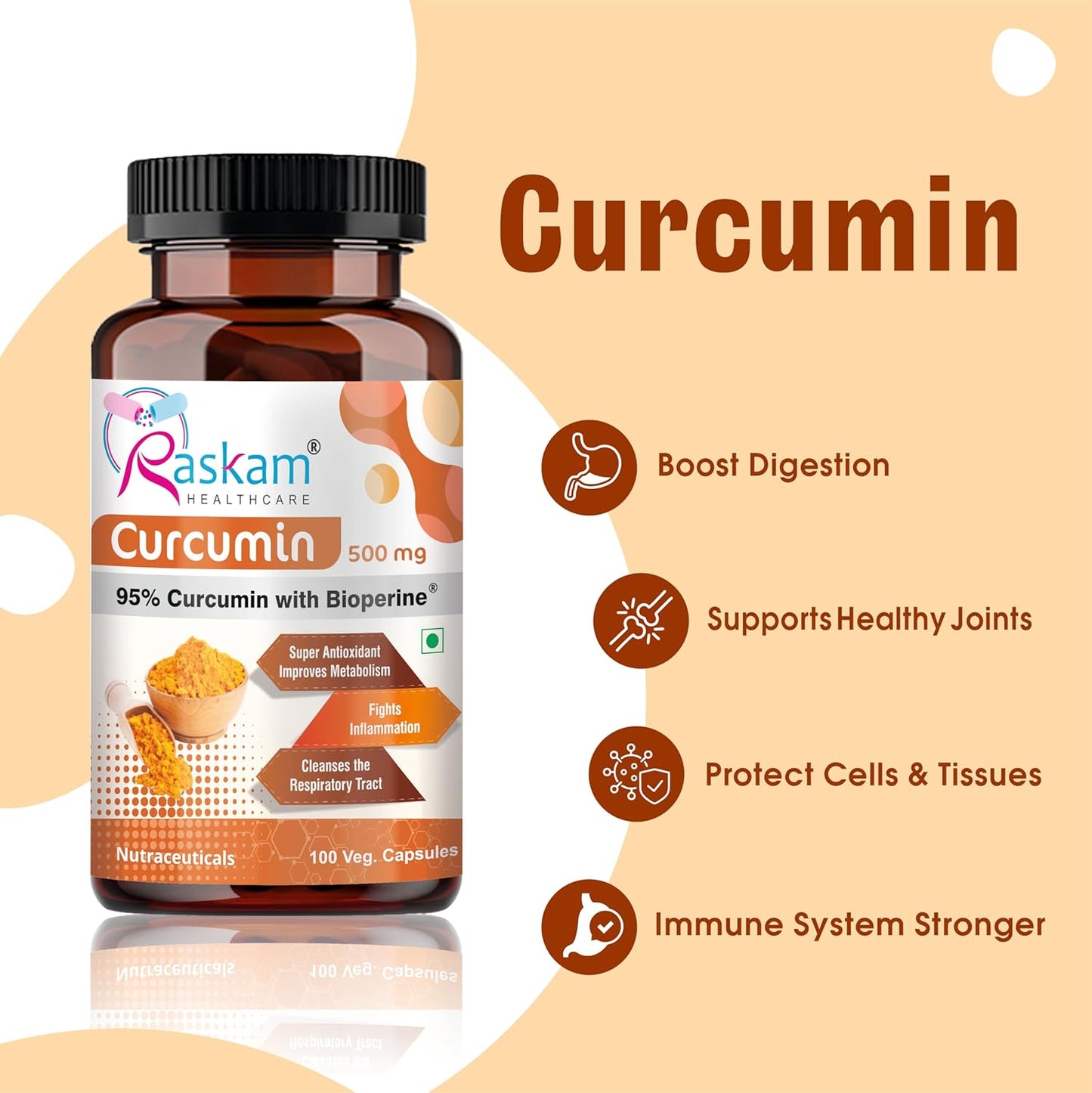 Curcumin 100 veg capsules-with 95% Curcuminoids - Higher Absorption- Antioxidant & Anti-inflammatory Supplement - For Skin, Joint Support, Boosts Immune System