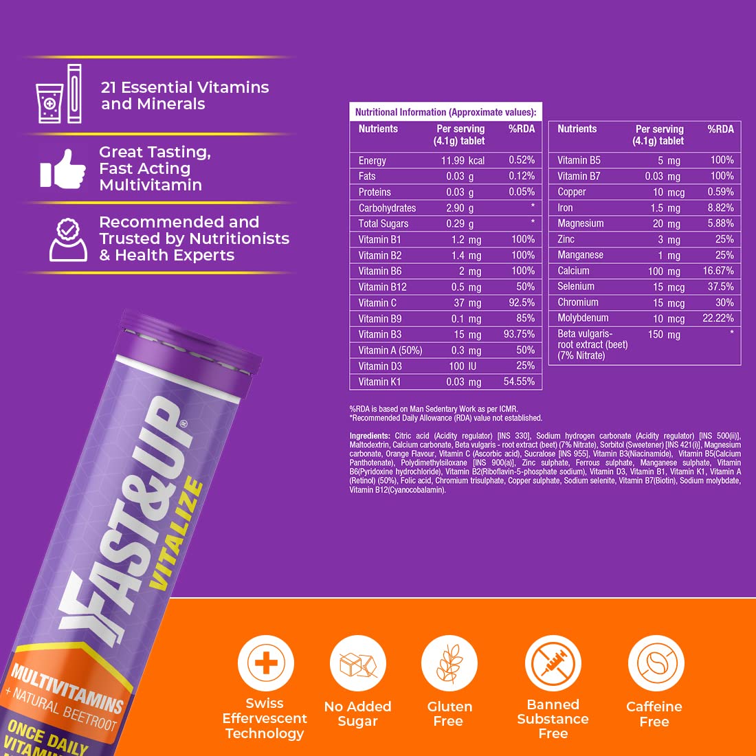 Fast&Up Daily Multivitamins (20-Day Pack, Tasty Orange Flavor) 21 Fast-Acting Vitamins & Minerals, with Vit C, D, and Iron for Immunity, Energy & Heart Health | Suitable for both, Men & Women