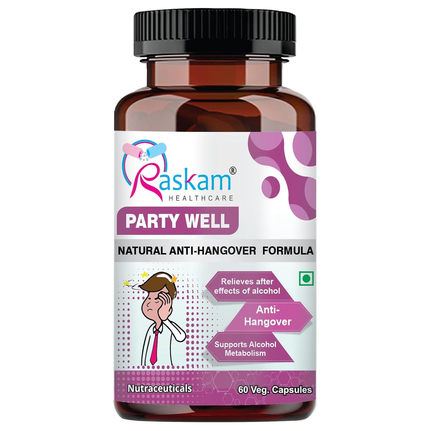 Party Well 60 Capsules- Anti Hangover Formula- Prevents hangover & Helps Support liver. Herbal Solution, Safe, Effective & Clinically Proven