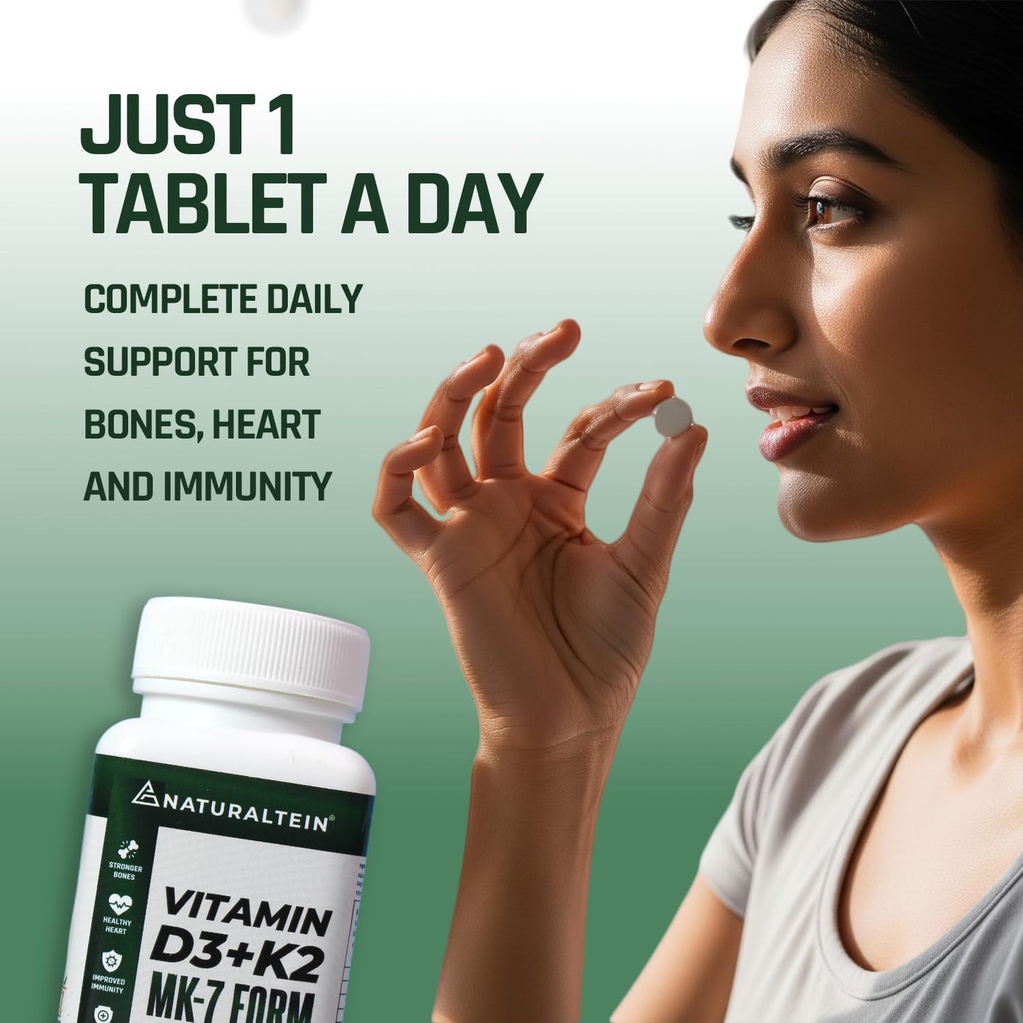 NATURALTEIN Vitamin D3 + K2 Supplement | 600 IU Plant-Based D3 & 55 mcg MK-7 K2 | 60 Unflavoured Tablets for Bone, Muscle & Calcium Support