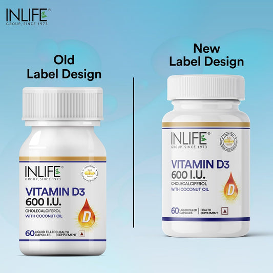 INLIFE Vitamin D3 600 IU Cholecalciferol Supplement with Coconut Oil for Better Absorption, For Men & Women, Immunity, Bone Health, Muscles - 60 Liquid Filled Capsules (Pack of 1)