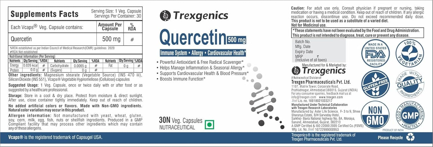 Trexgenics QUERCETIN 500 mg Respiratory Health, Cardiovascular Health, Joint Health Support (30 Veg. Capsules) (Pack of 1)