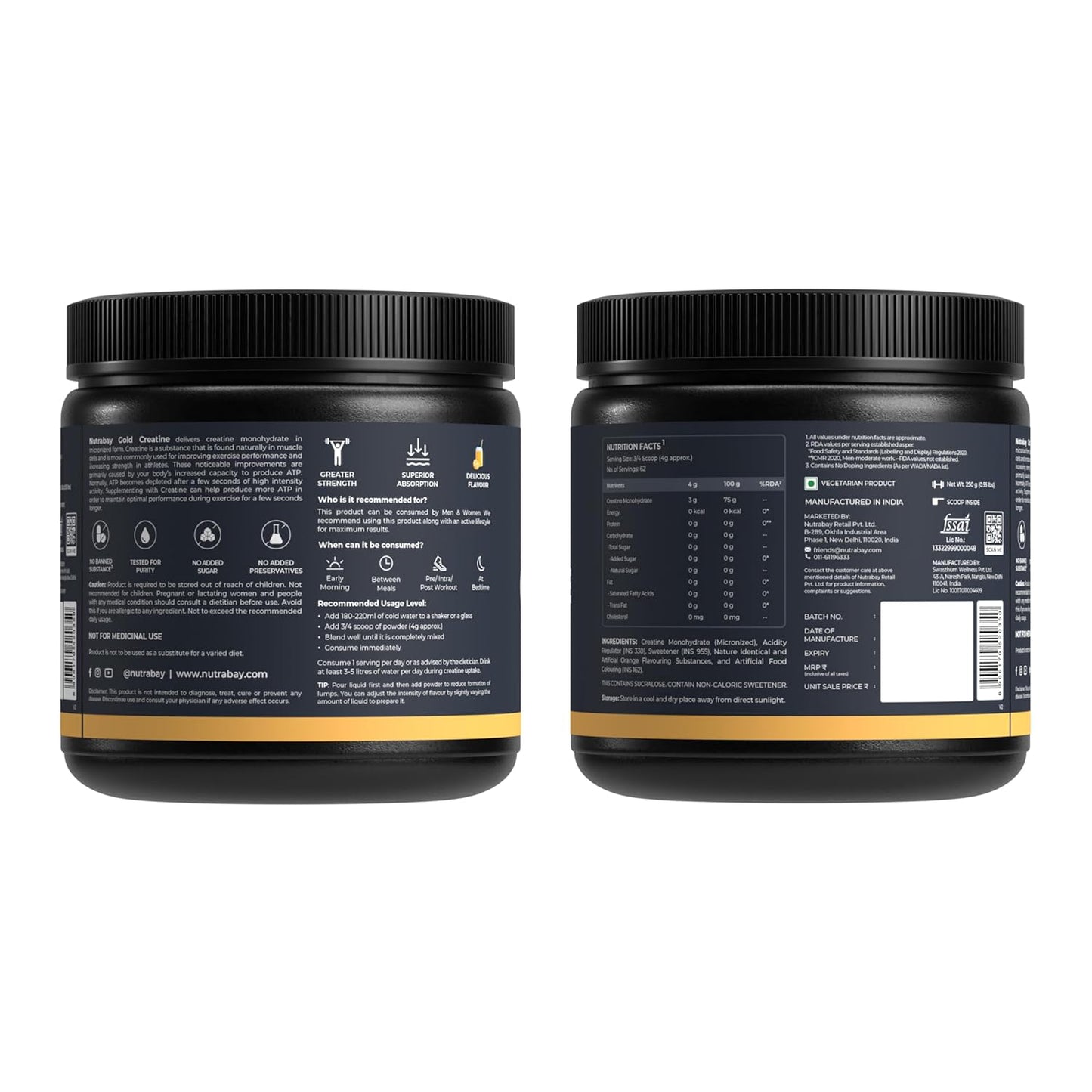 Nutrabay Gold Micronised Creatine Monohydrate Powder 3000 mg Creatine per Serving, NABL Lab Tested â€“ Increases Muscle Mass, Strength & Power â€“ Pre/Post Workout Supplement â€“ 250 g, Orange