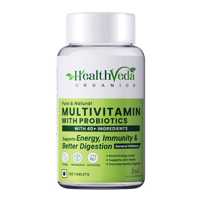 Health Veda Organics Multivitamin With Probiotics - 45 Ingredients Supplement For Men And Women | Vitamin C, D, E, B3, B5, B12, Zinc, Magnesium, Giloy & Biotin | Essential Vitamins & Minerals Blend - 120 Veg Tablets