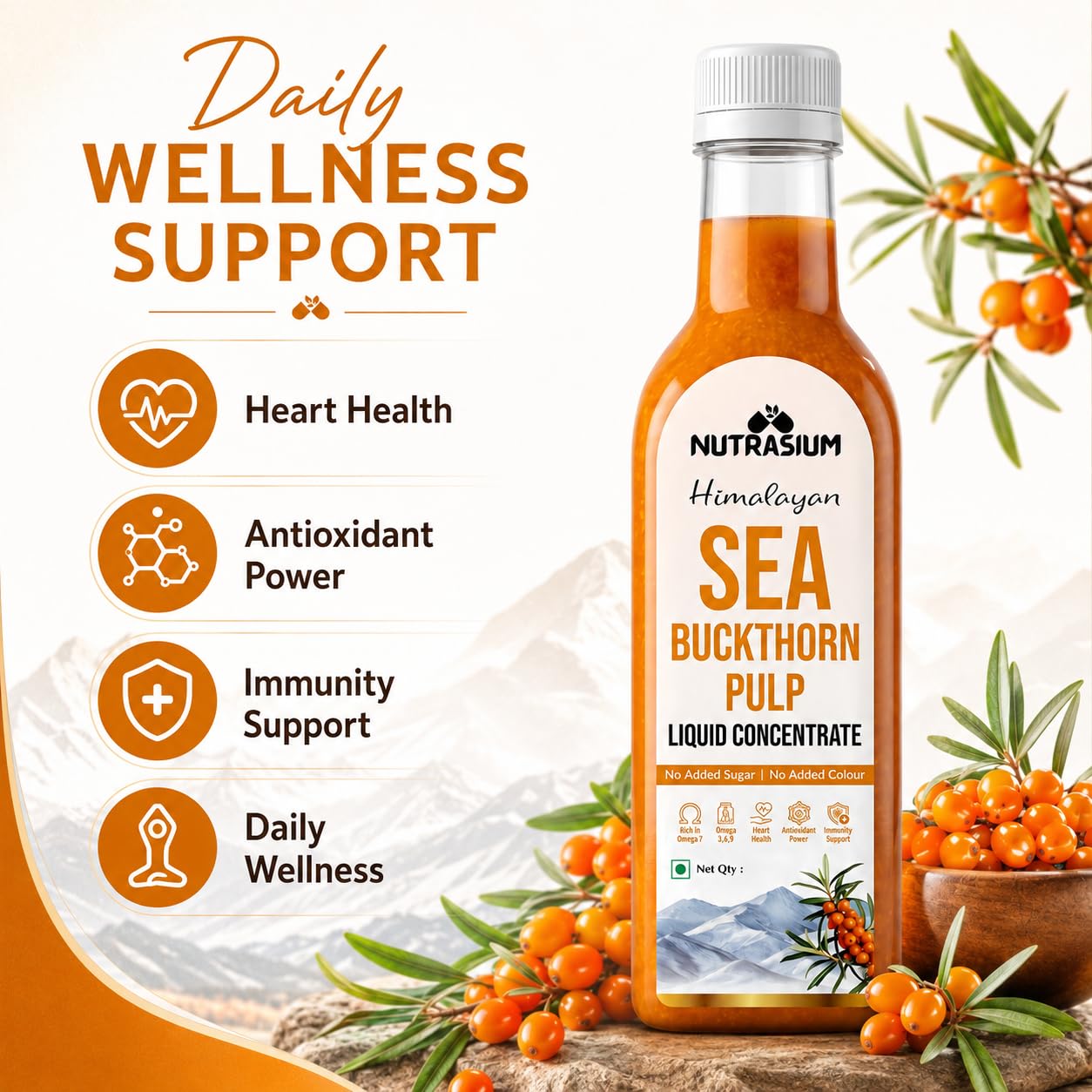 Nutrasium Himalayan Sea Buckthorn Berry Juice - 300 ml - Natural Source of Vitamin C, Omega 3 6 7 9, Antioxidants for Immunity, Skin Glow & Gut Health - 50 Glasses (300ml)