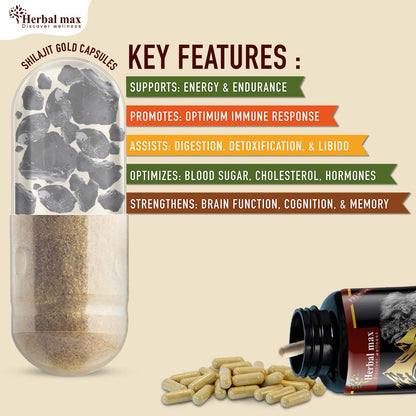 Herbal Max Himalayan Shilajit Gold â€“ 800mg | 30 Capsules | With Ashwagandha, Safed Musli & More | Boosts Strength, Stamina, Energy & Immunity | Ayurvedic Supplement for Men