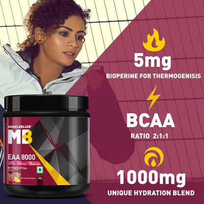 MuscleBlaze EAA 8000 Powder (Razz Lemonade, 340g, 25 Servings) | 8000mg EAAs Blend, 1000mg Hydration Blend | 750mg L-Citrulline