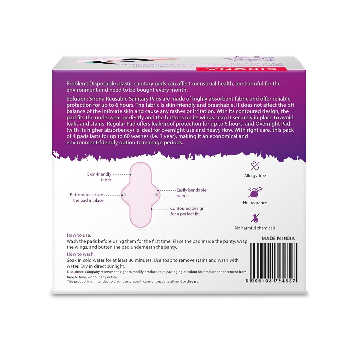 Sirona Reusable Pad for Women and Girls | (Pack of 4)| 3 Regular Pads + 1 Overnight Pad | Soft Cloth Pads for Women for Period, Reusable Rash Free Fabric, Skin Friendly, Lasts Up To 1 Year