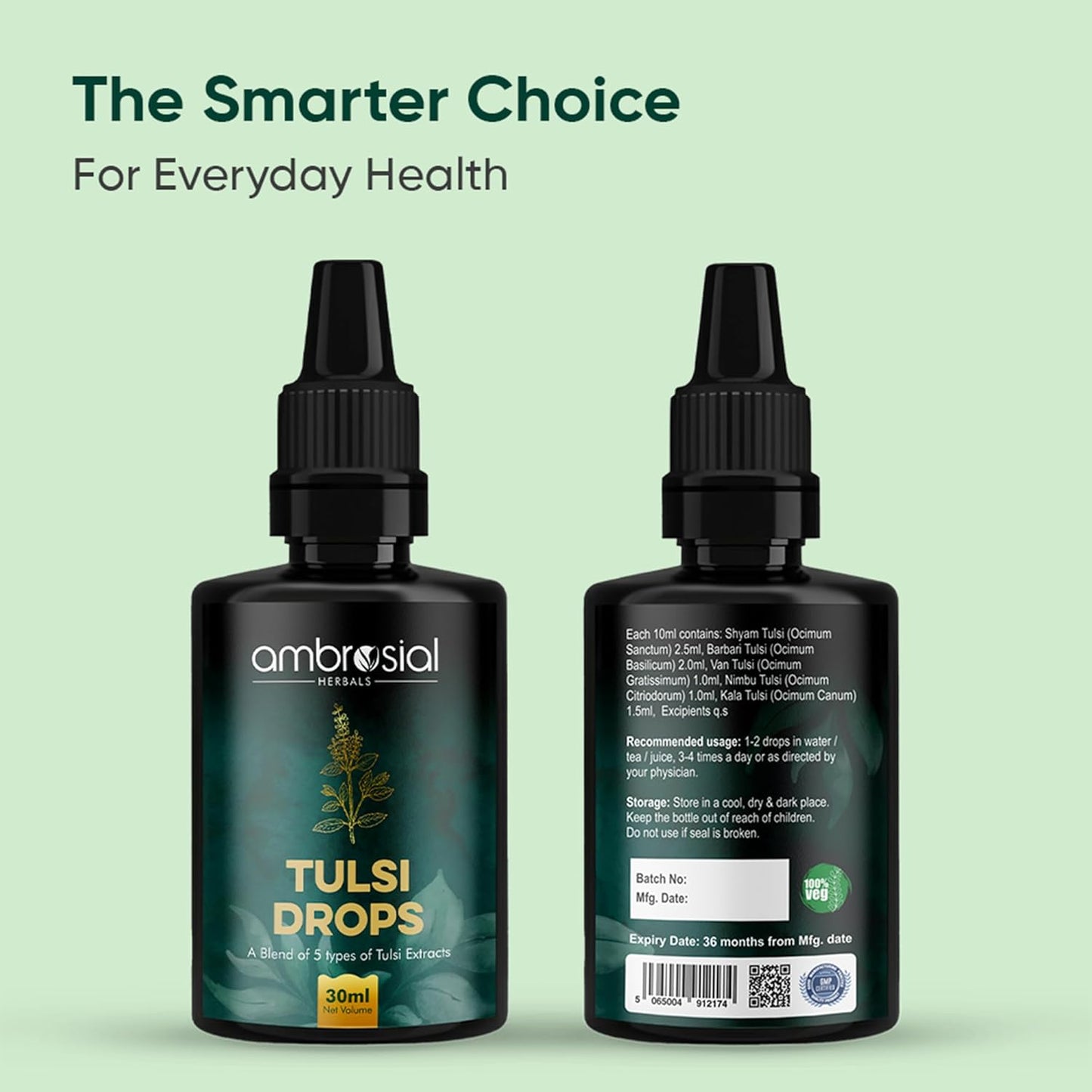 Ambrosial Tulsi Drops Concentrated Extract of 5 Tulsi 30ml | Natural Immunity Booster | Relieves Cough & Cold | Raw Extract of Holy Basil Leaf (Pack of 1)