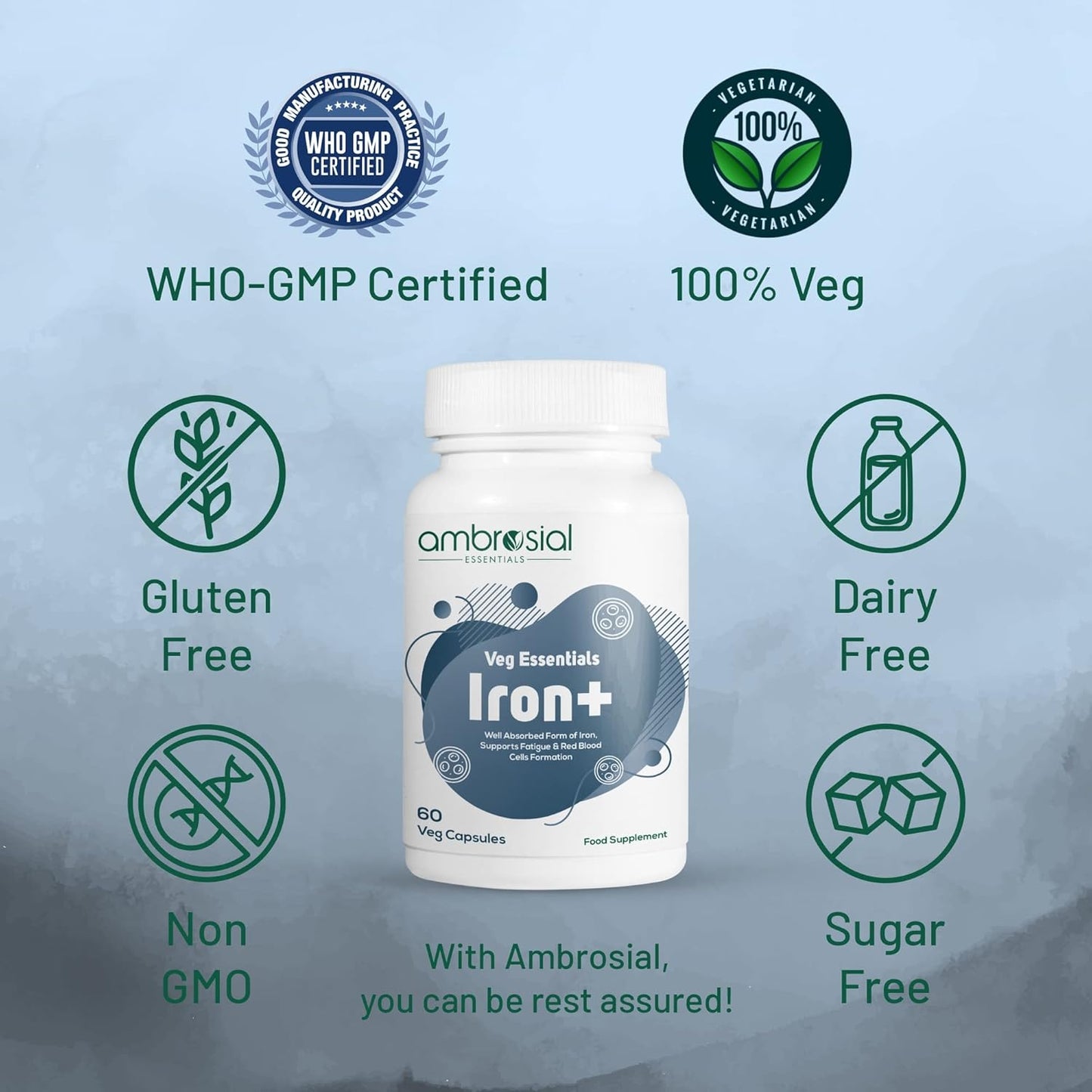 Ambrosial Iron Tablets High Strength 25mg| Iron Supplement for Women & Men| Blood Support & Helps Reduce Tiredness & Fatigue | Enhanced Absorption & Non - Constipating (Pack of 1-60 Capsules)