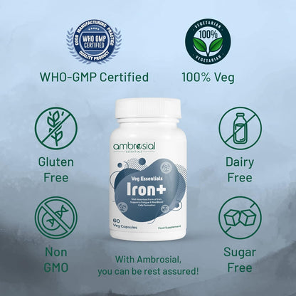 Ambrosial Iron Tablets High Strength 25mg| Iron Supplement for Women & Men| Blood Support & Helps Reduce Tiredness & Fatigue | Enhanced Absorption & Non - Constipating (Pack of 1-60 Capsules)
