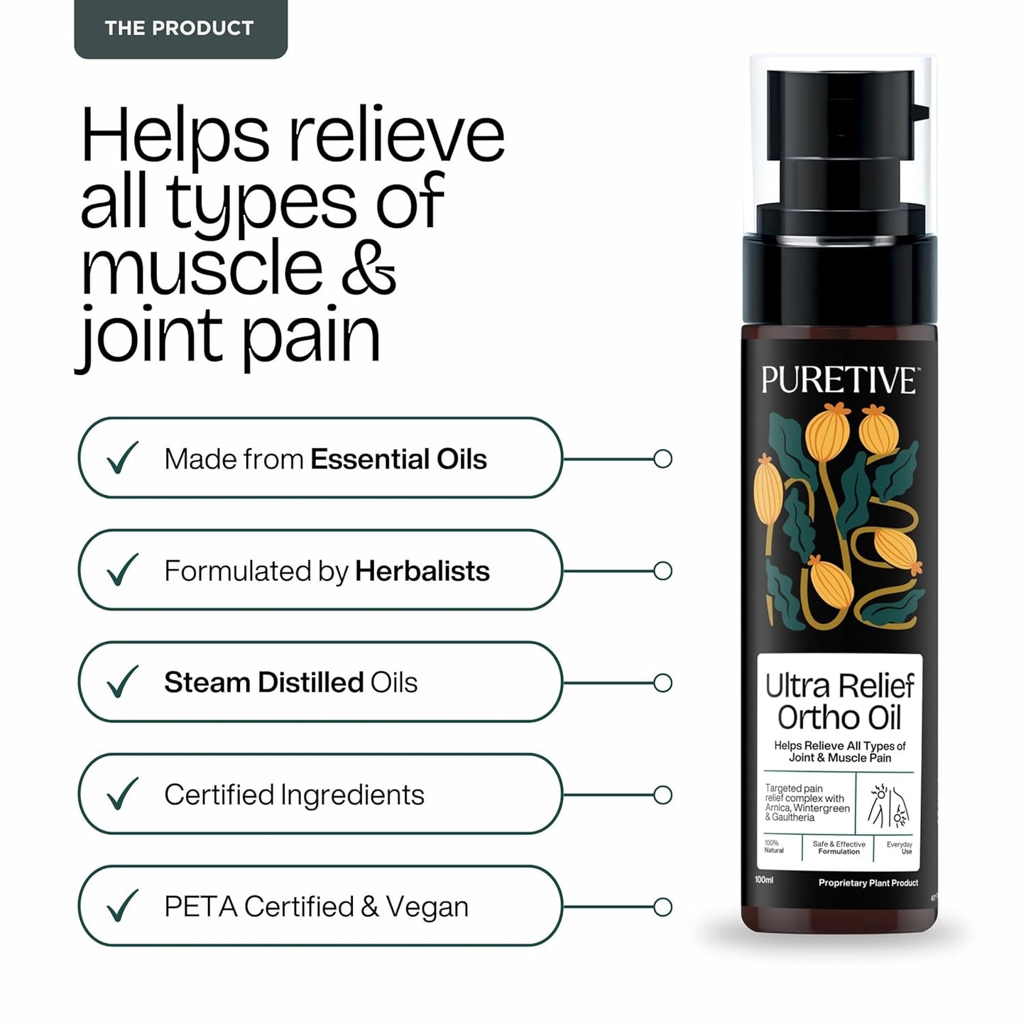 Puretive Ultra Relief Ortho Oil for Joint Pain, Sciatica & Frozen Shoulder â€“ Natural Heating Massage Oil for Winter | Eases Back, Neck & Muscle Stiffness | Fast-Absorbing & Non-Sticky | 100 ml
