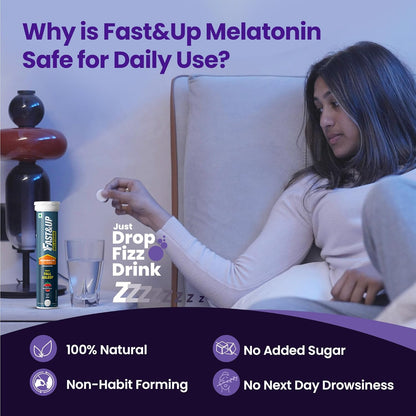 Fast&Up Melatonin with 5 mg Melatonin + 100 mg L-Theanine (20 Effervescent tablets) | Helps fall asleep faster & Wake up refreshed | Fast Acting, 100% Natural, Non-Addictive - Strawberry flavour
