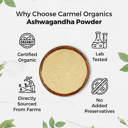 CARMEL ORGANICS Ashwagandha Root Powder (227 Grams)|Jaivik Bharat Certified|Pure|Natural|Helps Fight Anxiety & Stress|Ashwagandha Podi/Amukkara Kizhangu/Asvagandha Churna
