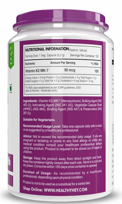 HealthyHey Nutrition Vitamin K2 | 100% Vegetarian Vitamin K2 Benefits in Bone Health - 55mcg - 120 Vitamin K27 Capsules