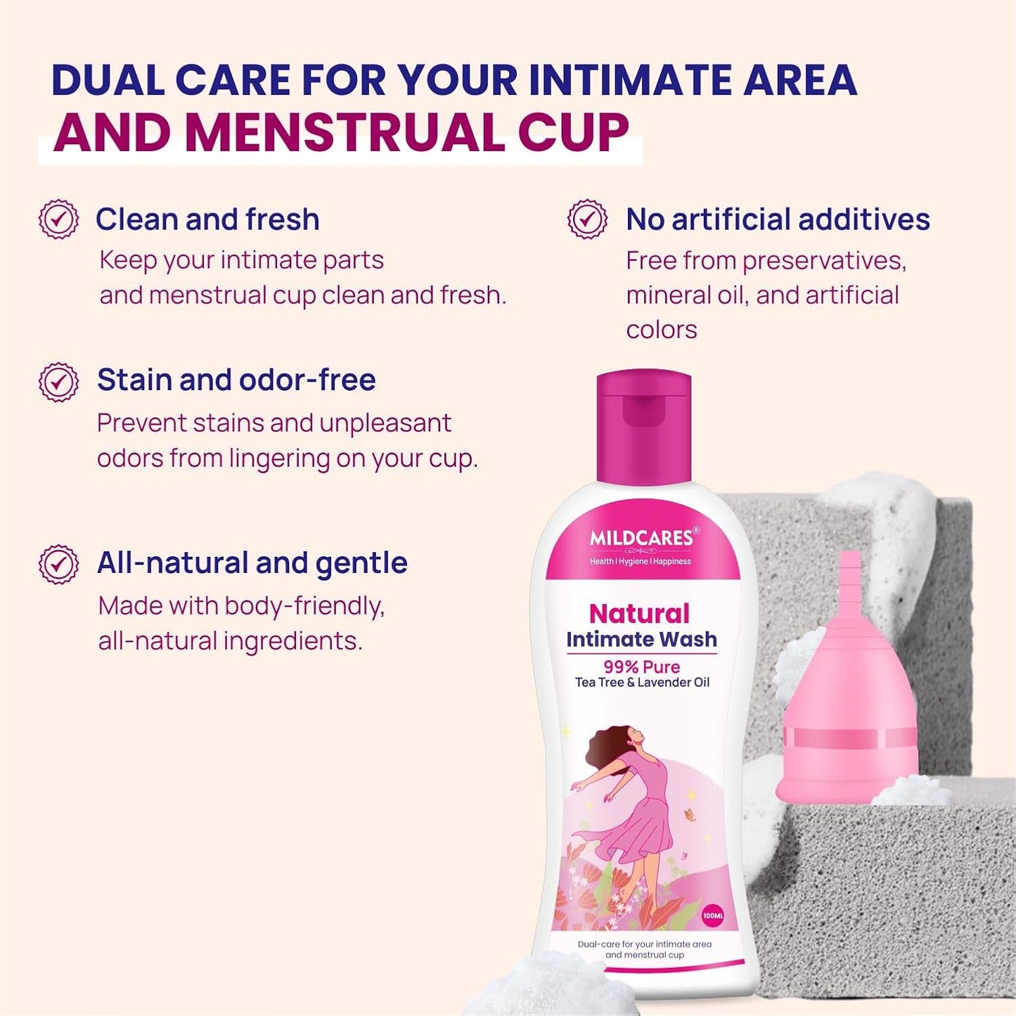 MildCares Natural Intimate Wash For Women (100ML) | With Tea Tree & Lavender Oil | Menstrual Cup Cleanser | For Itching, Irritation & Dryness | Natural, pH Balanced & hypoallergenic