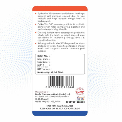 Fytika Vita 365-60 Tablets (Pack of 1) | Multivitamin For Men and Women | With Ashwagandha, Ginseng, Probiotics & Prebiotics and Biotin| Enhances Energy, Immunity and Digestion