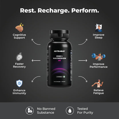 Nutrabay Pro Zinc Magnesium (ZMA) with 100% RDA Zinc, Magnesium Aspartate & Vitamin B6 â€“ Muscle Strength, Recovery, Better Sleep & Anxiety Relief â€“ 60 Veg Tablets | Tested for Purity