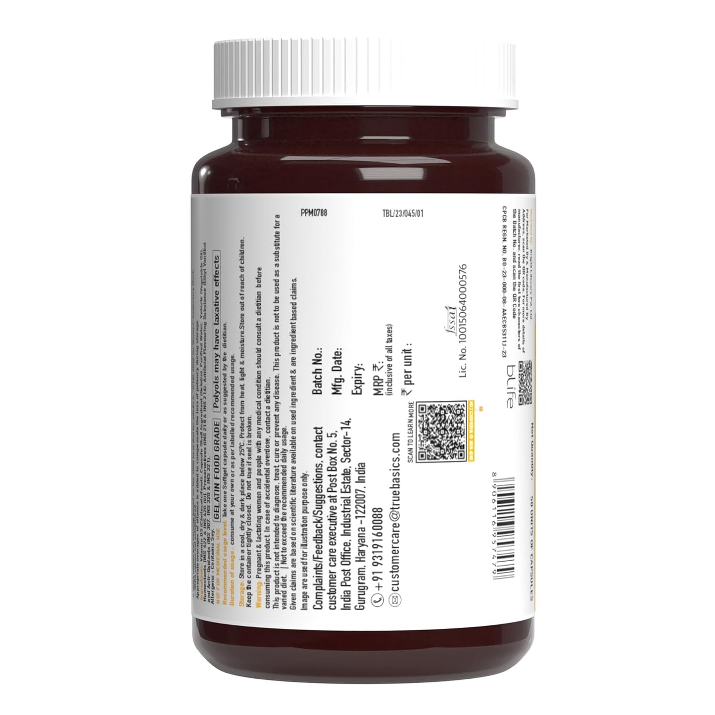 TrueBasics Vitamin D3 600 IU, for Healthy Bones, Strong Muscles, Boosts Immunity & Calcium Absorption, 50 Vitamin D Capsules