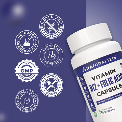 NATURALTEIN Vitamin B12 + Folate Capsules (60 Capsules) | High Strength Methylcobalamin & L-Methyl Folate | Supports Energy, Brain & Heart Health | Lab-Tested | With Rice Starch & Vegetarian HPMC Capsule Shell