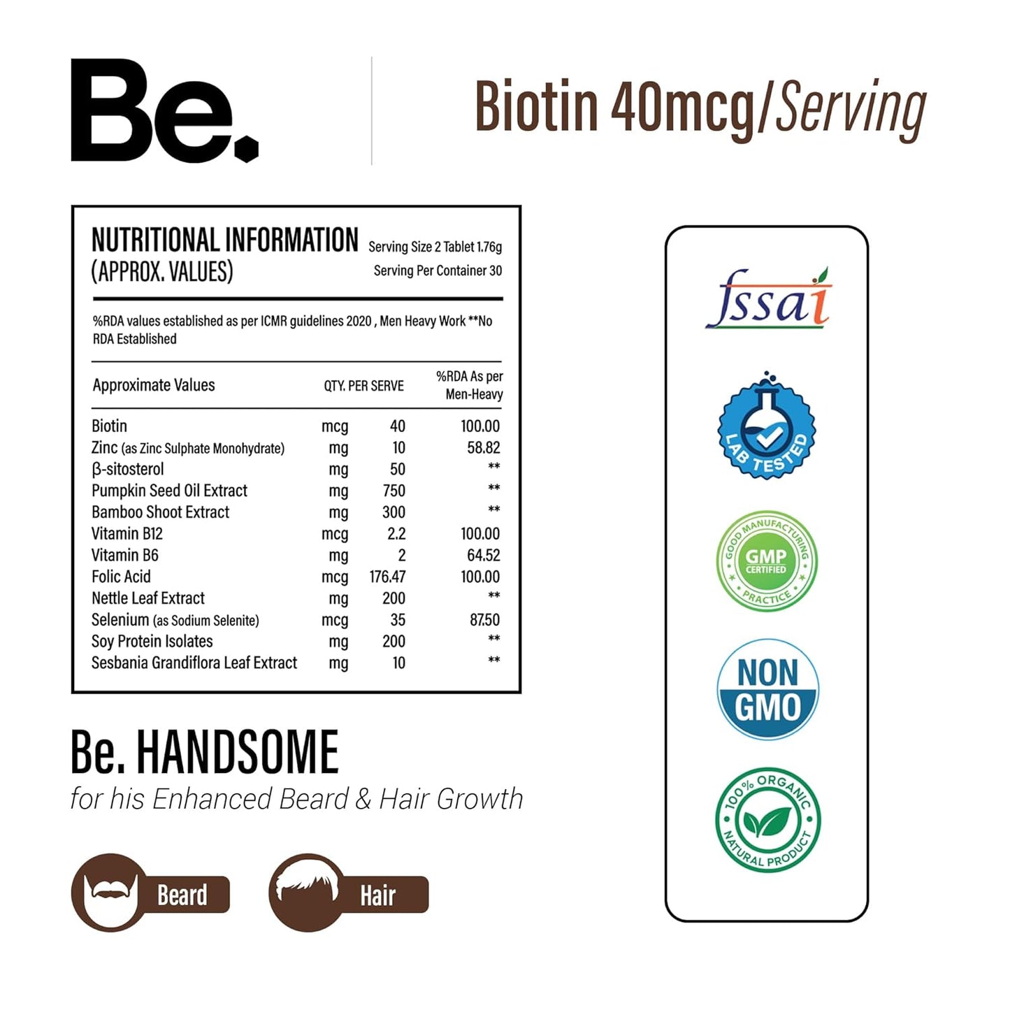 Be. Handsome Biotin Tablets for Hair Growth & Beard Enhancement for Men | B12 Vitamin Tablets with Pumpkin Seed Oil, Sesbania Extract & Vitamins | Hair & Beard Health | 60 Veg Capsules | 30 Day Supply