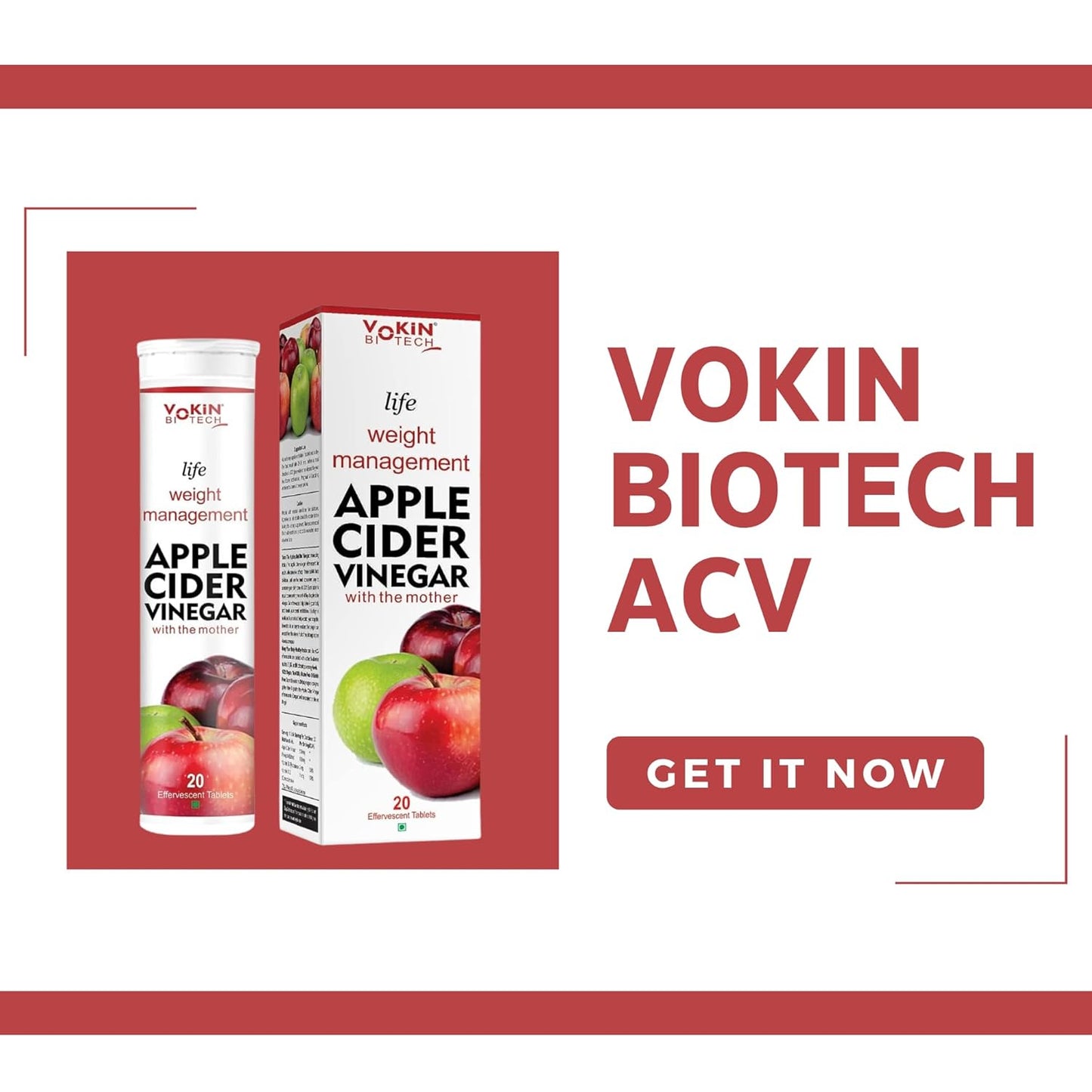 Vokin Biotech World's First Apple Cider Vinegar -20 Effervescent Tablets Vitamin C for Detox & Weight Management with Green Apple Flavor (Pack of 1)