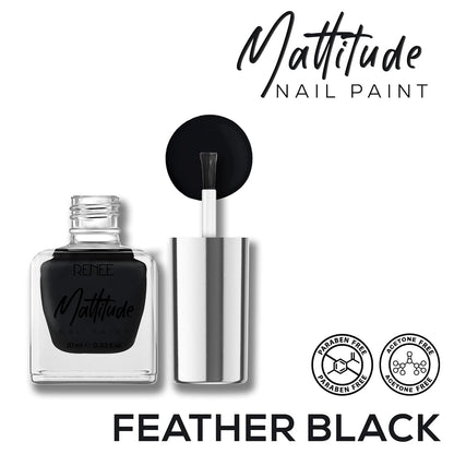 RENEE Mattitude Nail Paint- Feather Black 10ml | Quick Drying, Matte Finish, Long Lasting, Chip resisting Formula with High coverage | Acetone & Paraben Free