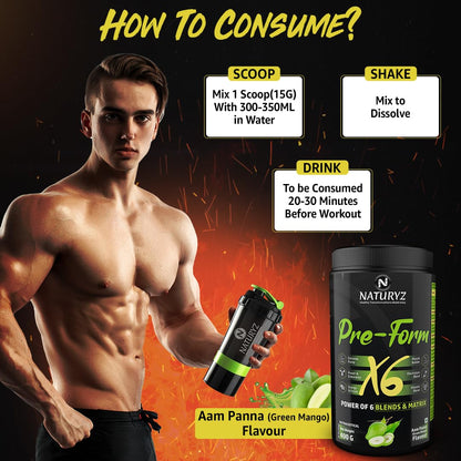 Naturyz Pre - Form X6 Pre Workout Supplement With Highest 19 Nutrients For Extreme Pump,Powder,Endurance,Energy,Focus,Muscle Builder,Vitamins & Electrolytes- 400 grams (Aam Panna Flavour)