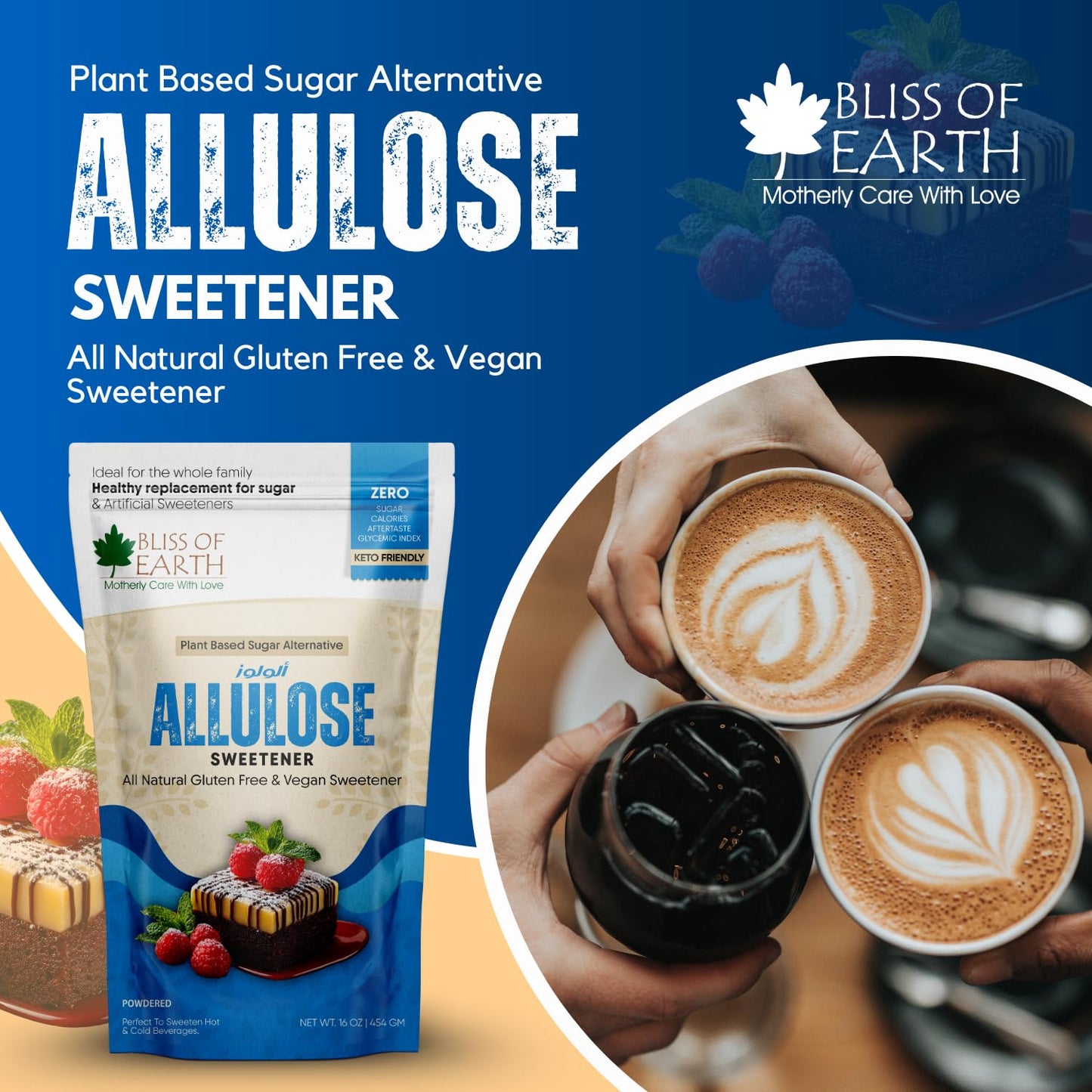 Bliss of Earth Allulose Sweetener 1 lb (454g) Zero Calorie Keto Sweetener | Natural Sugar Substitute | Zero Glycemic Allulose Powder | Non-GMO, Vegan | Ideal for Baking & Beverages