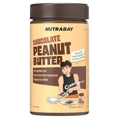 Nutrabay Foods Peanut Butter (Creamy) - Chocolate Intense, 750g | 100% Roasted Peanuts, 22g Protein, Zero Cholesterol, Vegan, Gluten Free, Non GMO