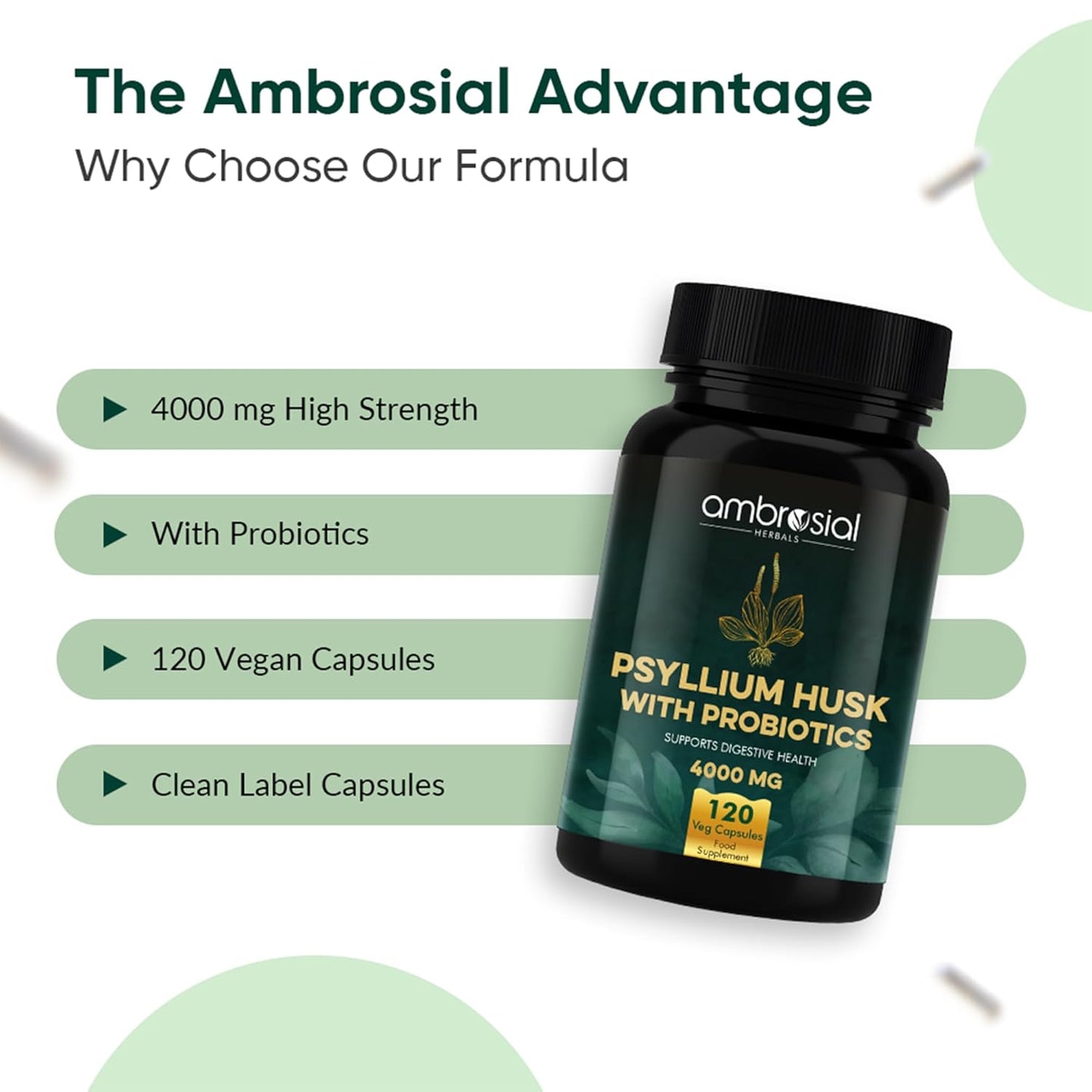 Ambrosial Psyllium Husk Capsules - 4000 MG with Probiotics: Detoxify and Revitalize Your Digestive System with Natural Fiber Support - 120 Vegan Capsules