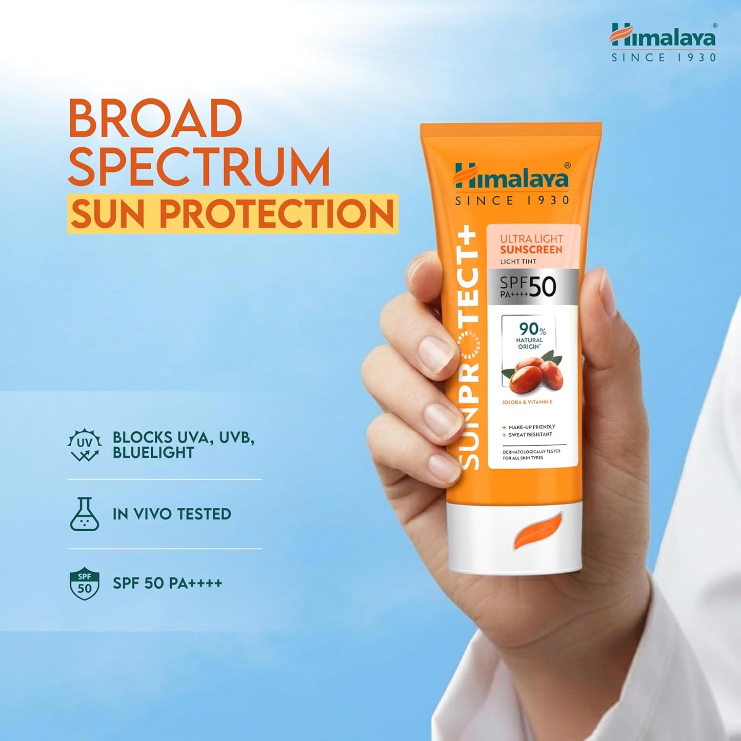Himalaya Sun Protect+ Ultra Light Sunscreen | Light tint Cream| 90% Natural Origin Ingredients | In vivo tested SPF 50 PA++++ | Dermatologically tested for all skin types | No white cast | Make up friendly | Sweat Resistant | 50g