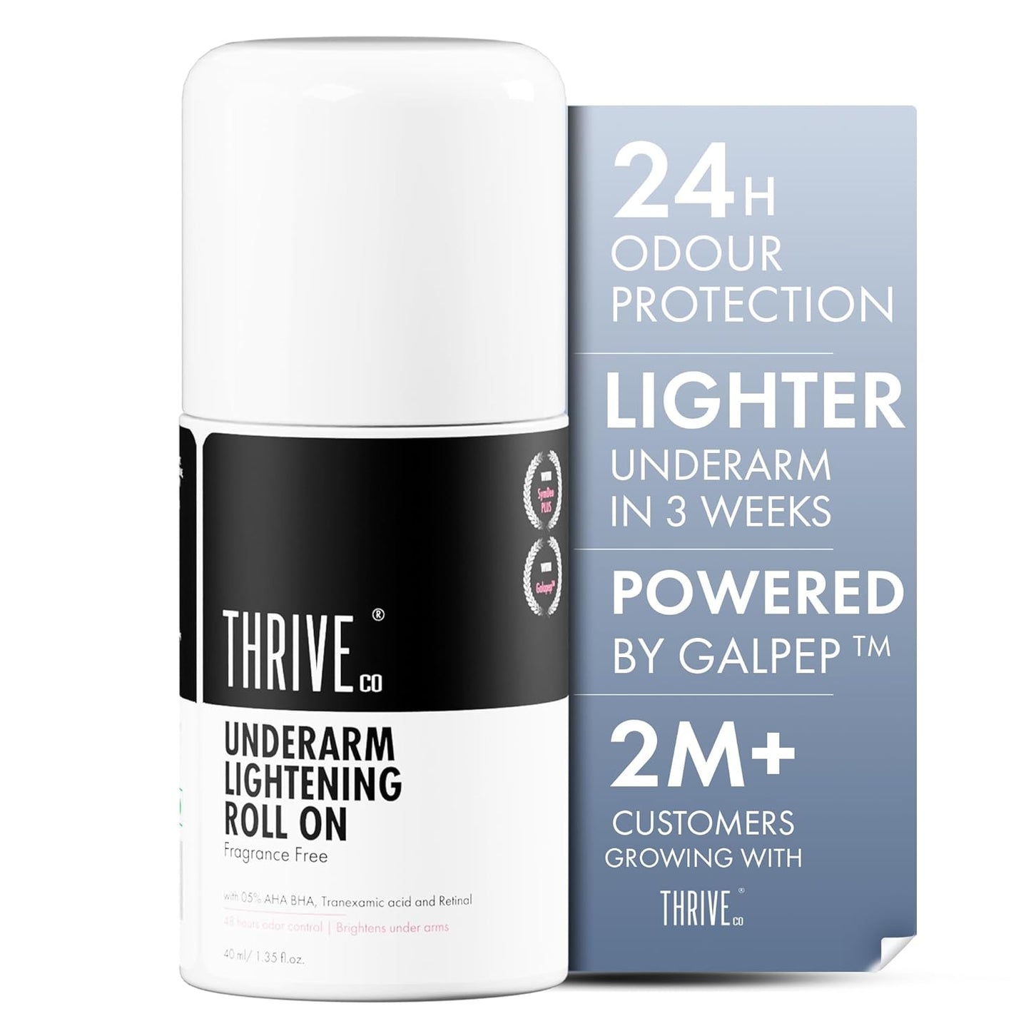 ThriveCo Underarm Lightening Roll-On with 5% AHA BHA, Tranexamic Acid & Retinol â€“ 24H Odour Control, Brightens Underarms & Reduces Discolouration for Smooth & Even Skin, For Men & Women, 40 ml