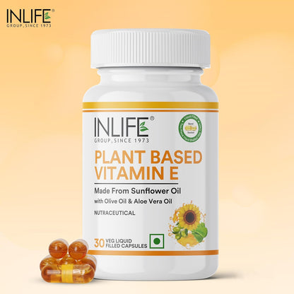 INLIFE Plant Based Natural Vitamin E Oil Capsules for Face and Hair|Sunflower, Olive & Aloe Vera Oils |Skin Health and immunity support Supplement for Women & Menâ€“30 Vegetarian Capsules (Pack of 1)