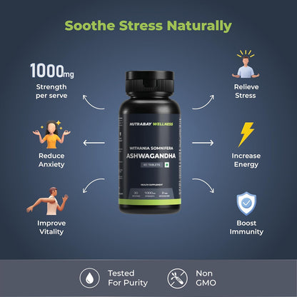 Nutrabay Wellness Ashwagandha Extract Tablet (Withania Somnifera), Enhances Energy, Stamina, Immunity | Anxiety & Stress Relief, 1000mg - 60 Veg Tablets