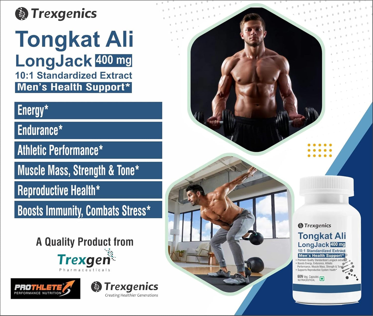 Trexgenics TONGKAT ALI LONGJACK 10:1 extract 400 mg Premium Men's Health Energy, Endurance, Athletic Performance Support (60 Veg. Capsules) (Pack of 1)