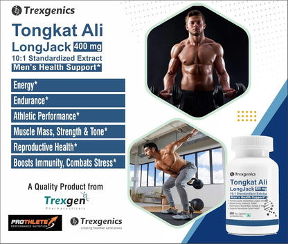 Trexgenics TONGKAT ALI LONGJACK 10:1 extract 400 mg Premium Men's Health Energy, Endurance, Athletic Performance Support (60 Veg. Capsules) (Pack of 1)