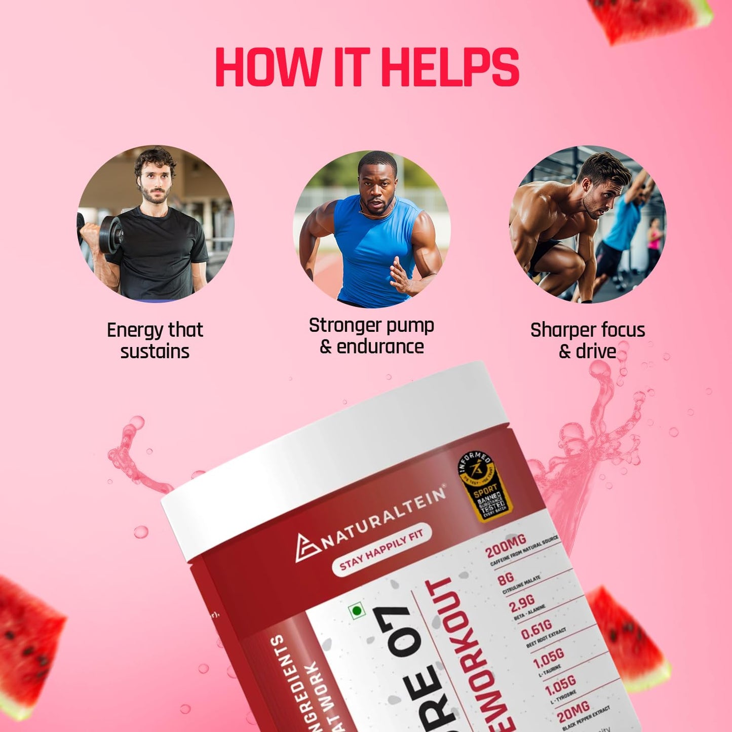 NATURALTEIN PURE 07 Natural Pre-Workout (Watermelon Flavour) 300 Grams | 200 mg Natural Caffeine | 8 G Citrulline Malate | Clean Energy & Endurance | No Artificial Sweeteners & Preservatives,Powder