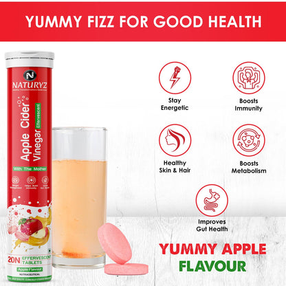 Naturyz Apple Cider Vinegar Effervescent with L Carnitine, Garcinia cambogia | Control Cravings | Beetroot for Detox & Energy| Immunity | Inulin Fibre Supports Digestion | Gluten-Free | No Maltodextrin & No Added Sugar | Vegan - 20 tablets (Apple Flavour)