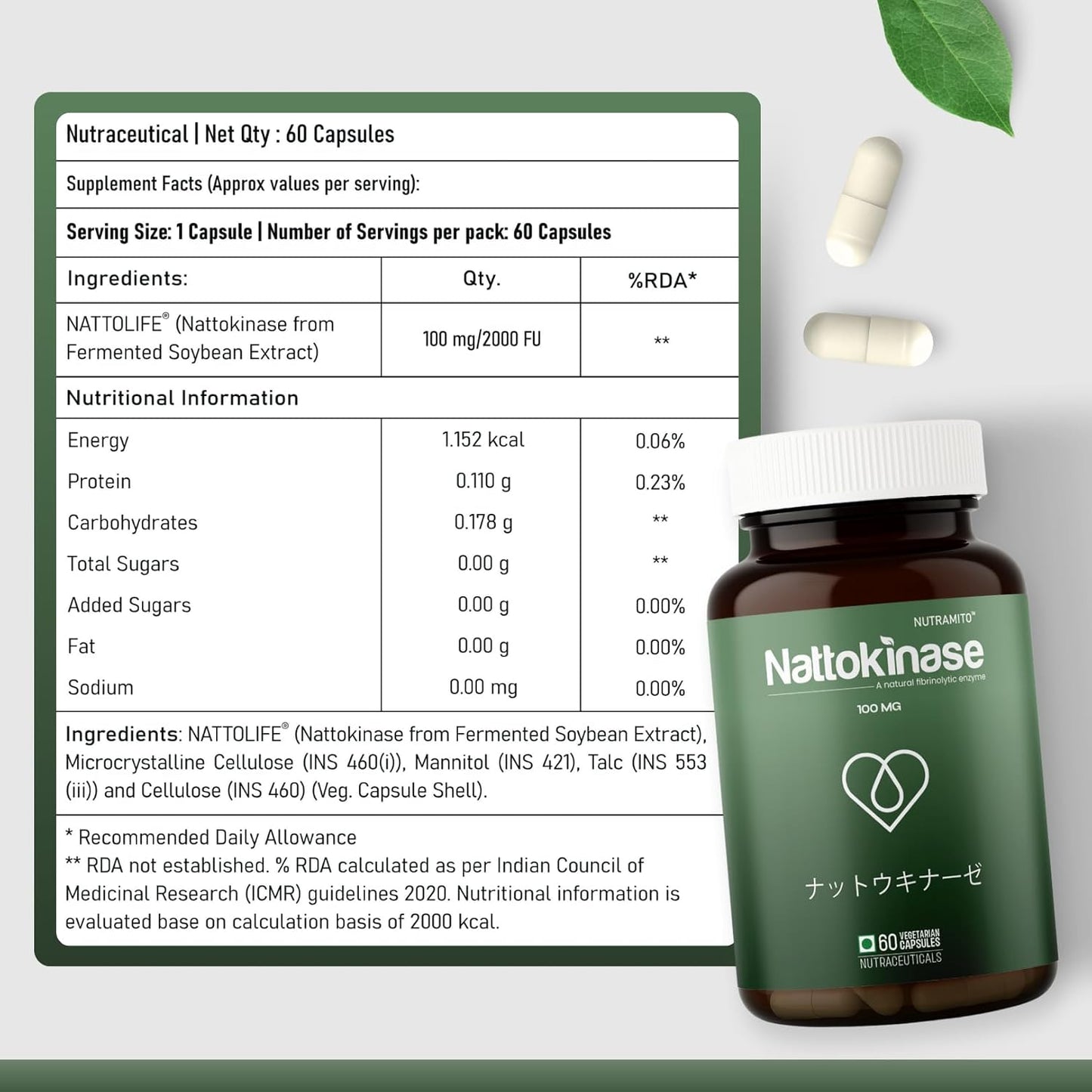 Nattokinase supplement by Nutramito, 200mg (4000 FU) per serving of 2 capsules, Natural Enzyme Supplement for Heart Health, Vitamin Kâ€“Free Formula, Supports Heart Health & Smooth Circulation