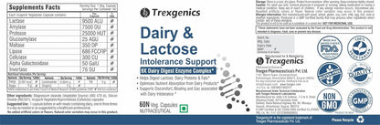 Trexgenics DAIRY & LACTOSE INTOLERENCE SUPPORT 9X Dairy Digest Enzyme Complex for Lactose, Dairy Fat, Protein and Carbs Digestion (60 Veg. Capsules) (Pack of 1)