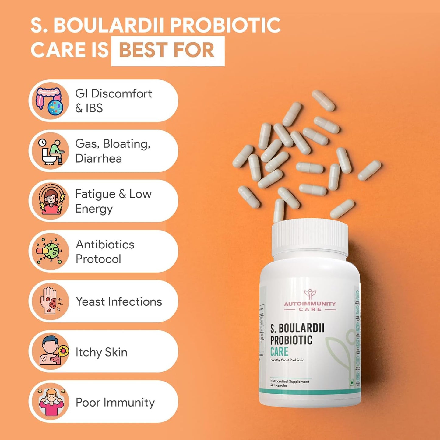 S. Boulardii Care â€“ Saccharomyces Boulardii Probiotic Supplement | 10 Billion CFU | Probiotics Supplement for Gut Health, Intestinal Lining & Microbial Balance | 60 caps (60 doses)