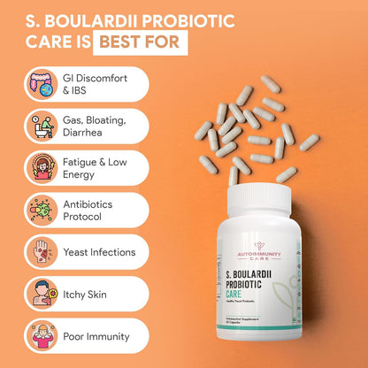 S. Boulardii Care â€“ Saccharomyces Boulardii Probiotic Supplement | 10 Billion CFU | Probiotics Supplement for Gut Health, Intestinal Lining & Microbial Balance | 60 caps (60 doses)